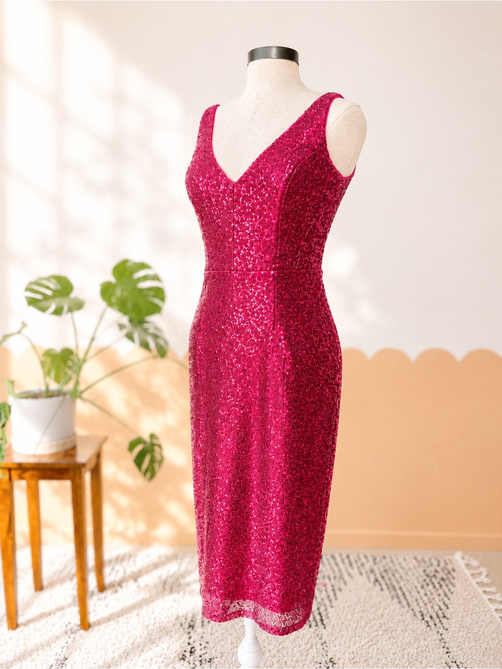MARINA Fuchsia Sequin V-Neck Midi Dress